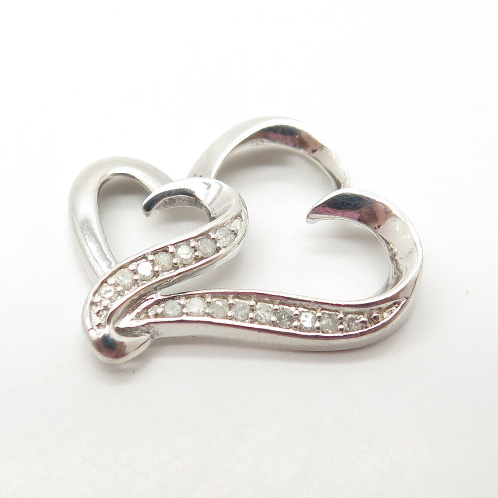 925 Sterling Silver Real White Diamond Couple of Hearts Pendant - Picture 5 of 8